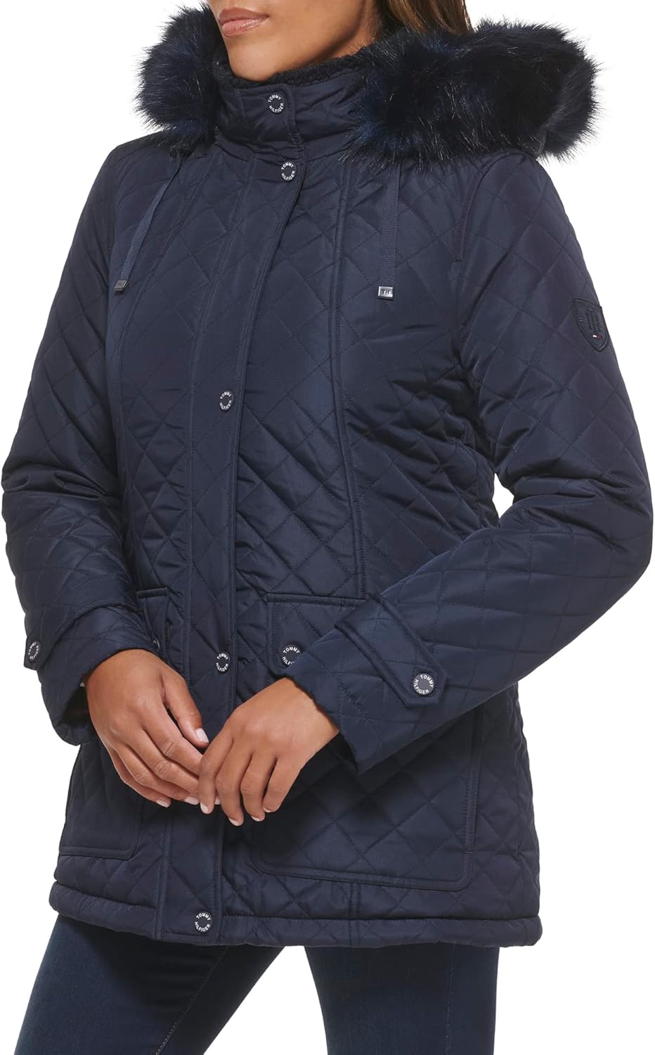 Женская стеганая куртка Tommy Hilfiger с меховым капюшоном и кнопками, Navy — фото 2