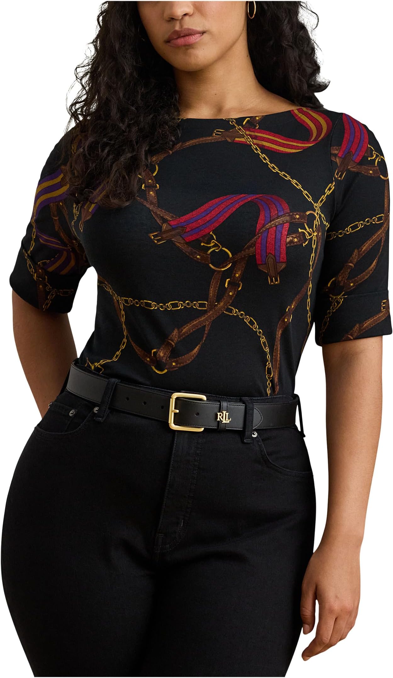 

Женская футболка с принтом размера плюс из эластичного хлопка с вырезом-лодочкой Lauren Ralph Lauren, Black Multi