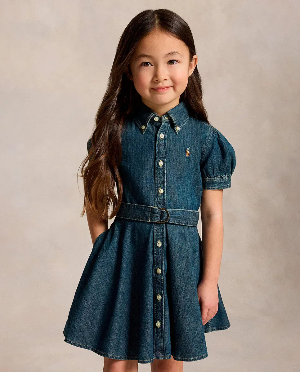 Детское платье-рубашка из хлопка с поясом Polo Ralph Lauren, Petróleo — фото 2
