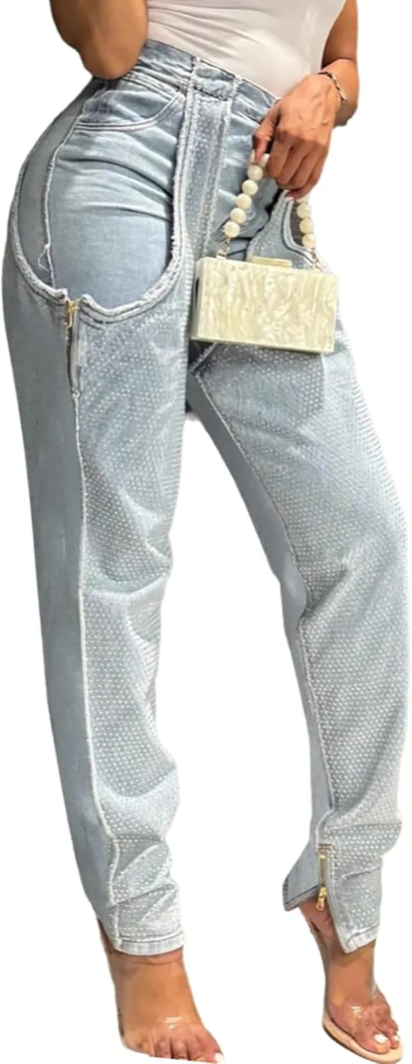 

Женские джинсы с пайетками и потертостями QLAUYIOE