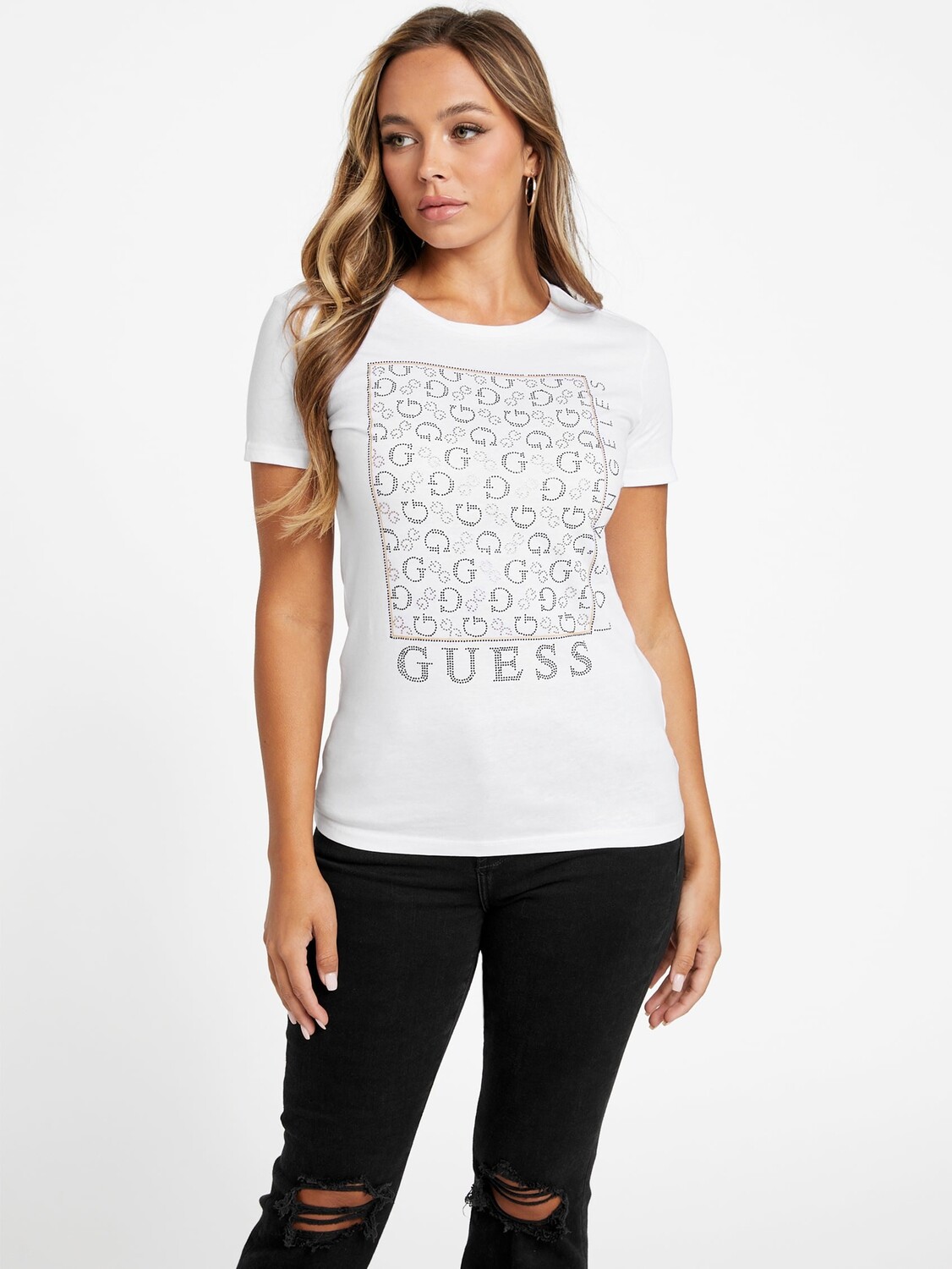 

Футболка Naty с круглым вырезом и стразами Guess Factory, цвет Pure White