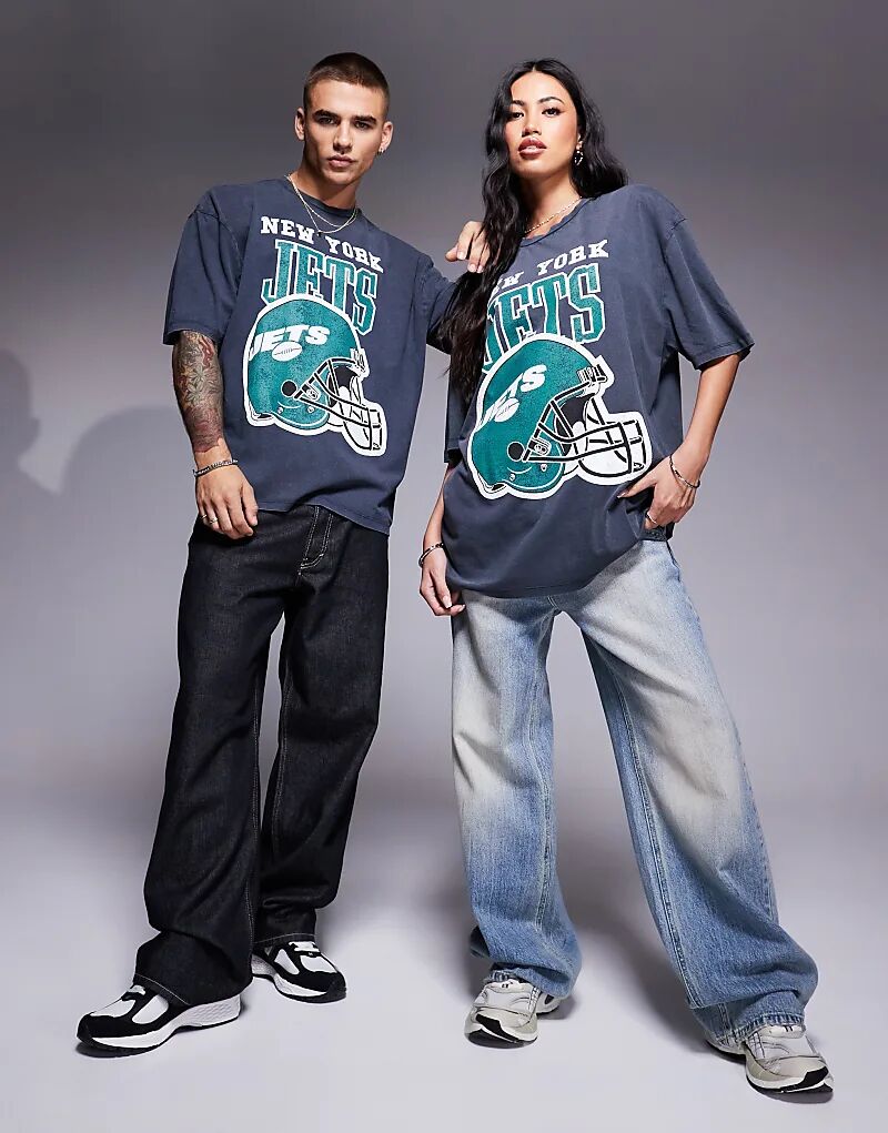 

Футболка унисекс свободного кроя с принтом NFL New York Jets черного цвета ASOS DESIGN