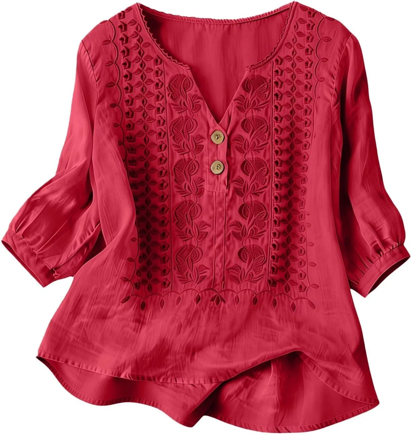 Блуза с рукавом три четверти, свободный силуэт, из льна, красный
