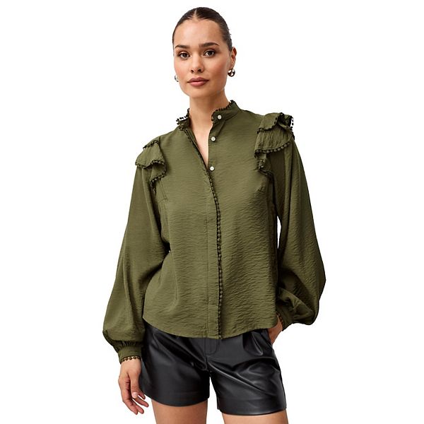 

Блузка с рюшами на плечах и плоской отделкой помпонами, plus size Ellos, Burnt Olive