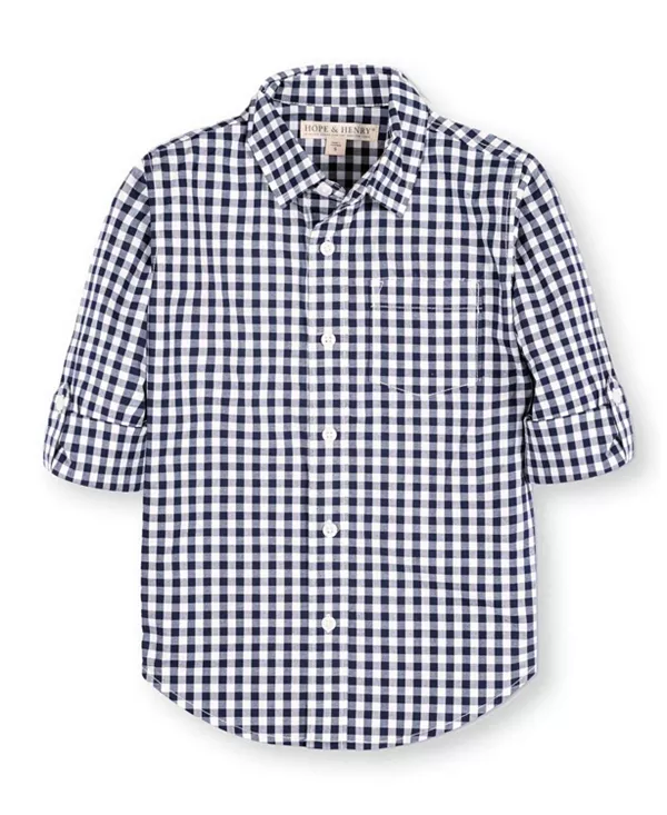 

Детская рубашка с длинными рукавами из органического эластичного поплина, с возможностью подворачивания пуговиц - для малышей, детей постарше. Hope & Henry, синий