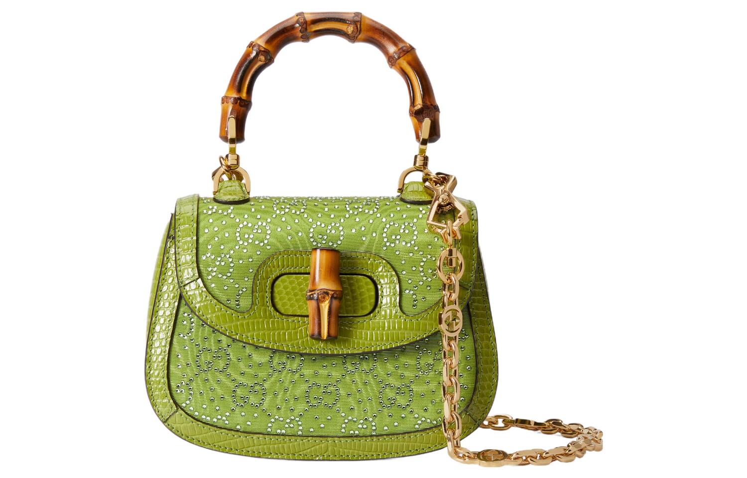 

GUCCI Бамбуковая сумочка 1947 с облачным принтом и отделкой из хрустальных ящериц через плечо мини женская зеленая