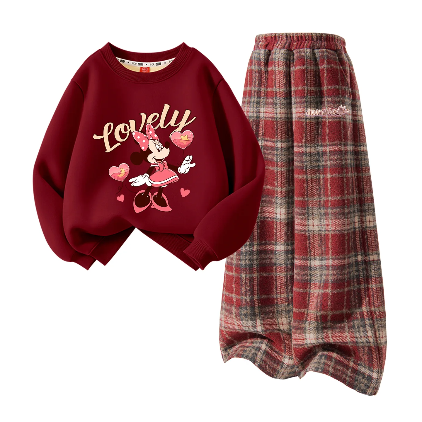 Disney Kids Tang Suits Crew Neck Thickness, [Thickened and Fleece-Lined]Dixin Balloons Burgundy+Dielong Metal Label K Red Plaid