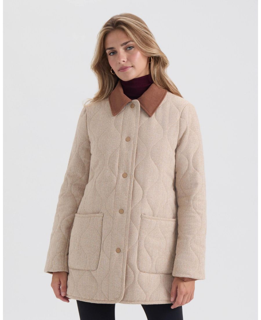 

Женское стеганое пальто с шевронным узором и контрастным воротником Ellen Tracy, Camel