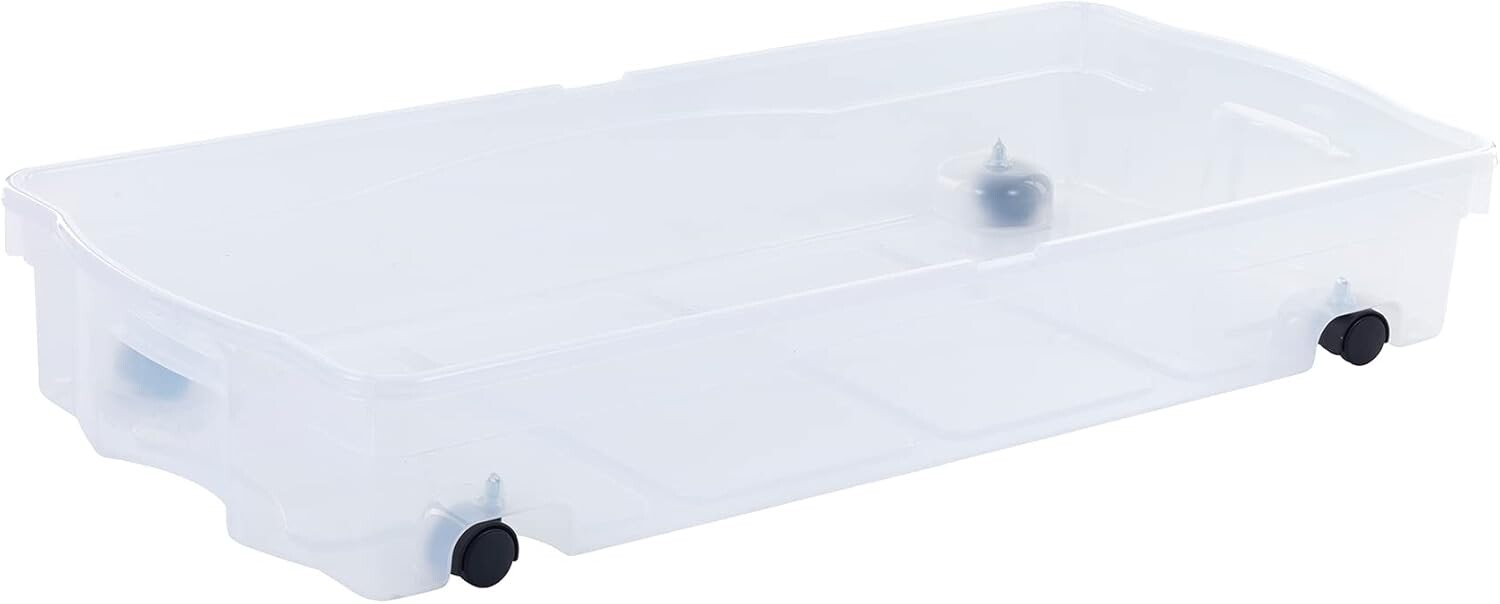 

Ящик для хранения Rubbermaid под кроватью на колесиках, упаковка из 2 шт., 68 квартов, сделано в США, пластиковые контейнеры с двойными откидными крышками и прочными колесами, наглядное устройство для ограниченного пространства, Clear Bins & Lid...