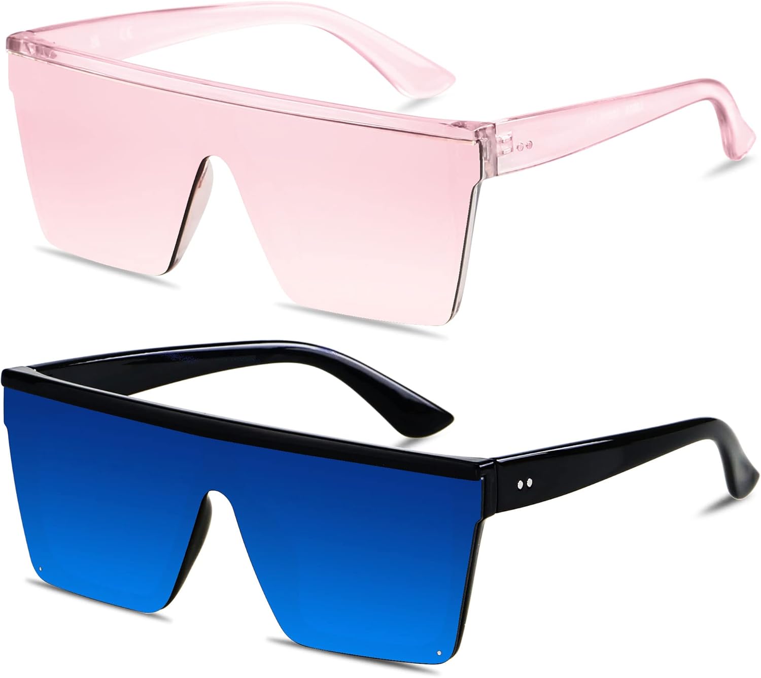 

Солнцезащитные очки LYZOIT квадратной формы большого размера для женщин и мужчин, с плоской верхней частью, модные, с большой защитой от УФ-излучения, без оправы, (2pack) Mirrored Clear Pink + Blue