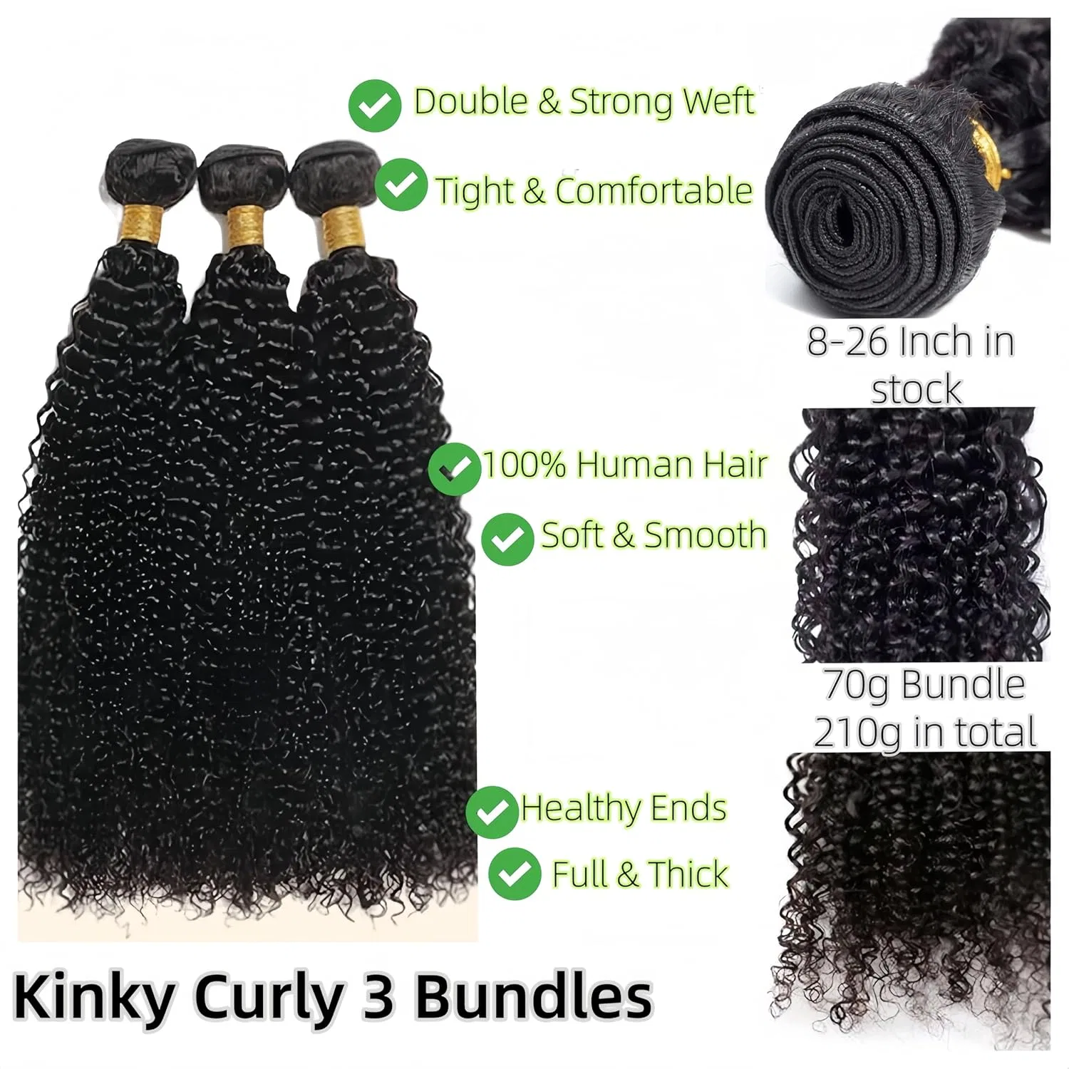 Натуральные кудрявые пучки человеческих волос Kinky Curly Bundles Gralune, Black — фото 3