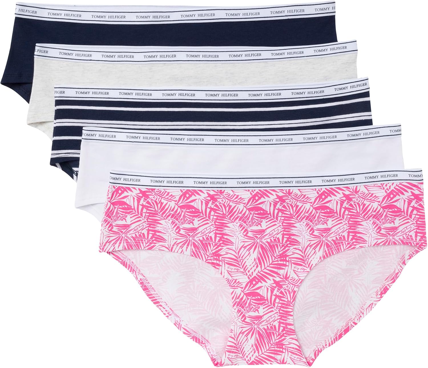 

Женские классические хлопковые шорты Tommy Hilfiger с логотипом, упаковка 5 шт., Mini Palm Leaves/Bright White/Heather Grey/Sky Capintain/Sky Captain Stripe