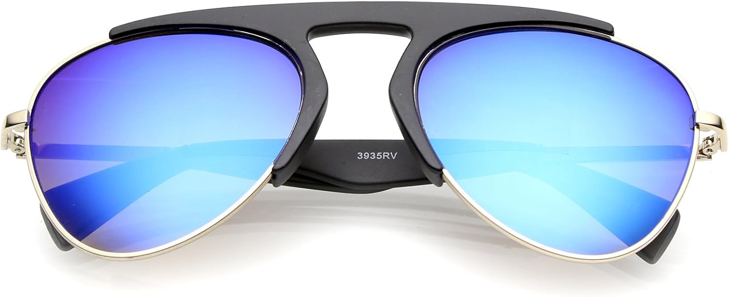 

zeroUV - Солнцезащитные очки-авиаторы с массивной перемычкой над бровями, оправой в форме замочной скважины, цветными зеркальными линзами, диаметр линз 56 мм, Matte Black-gold / Blue Mirror