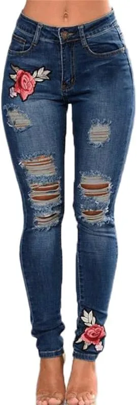

Andongnywell женские джинсы с цветочной вышивкой и потертостями