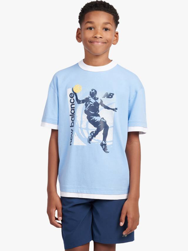 

Детская футболка с принтом баскетбольных колец из хлопка New Balance, Electric Sky
