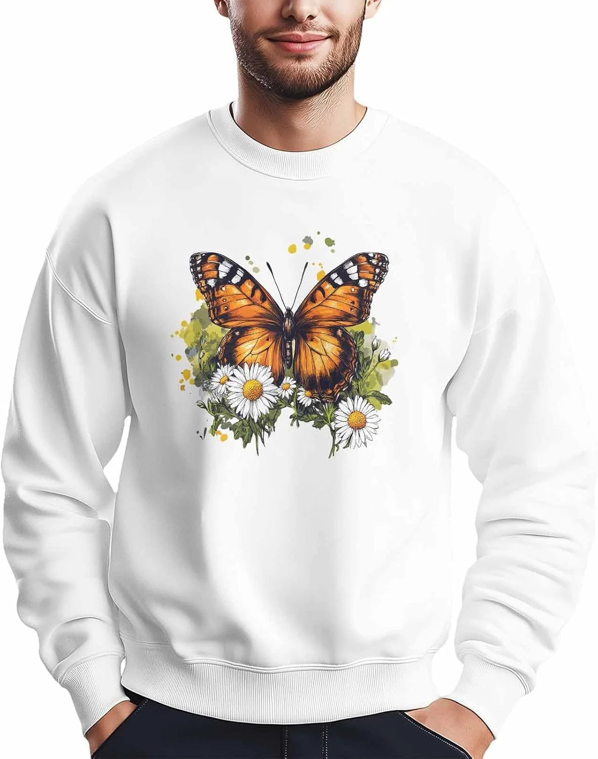 

Мужской свитшот с принтом белой ромашки и бабочки, Crewneck, Long Sleeve Winvebermior