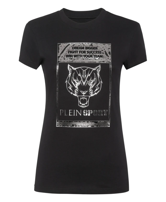 

Футболка с круглым вырезом, короткий крой, тигровый принт. Plein Sport, черный