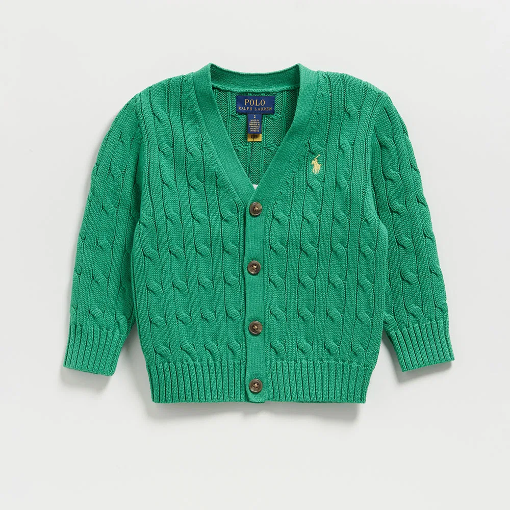 Детский зелёный хлопковый кардиган с V-образным вырезом от Polo Ralph Lauren Children