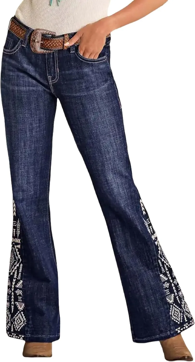 

Женские джинсы slim fit с вышивкой и расклешенным низом Huang's