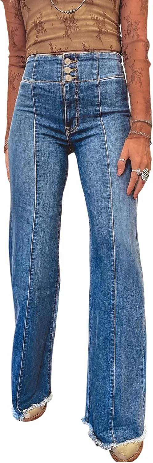 

EARKOHA женские джинсы Sail Blue с высокой посадкой, застежкой на пуговицах и расклешенным низом