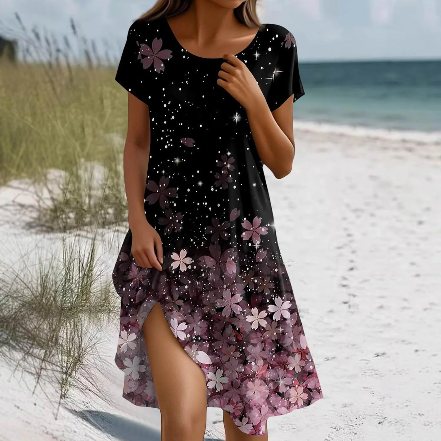 Женское летнее платье 2026 Beach Boho Flower сандарес с коротким рукавом, свободное повседневное платье-футболка с круглым вырезом и карманами Generic, розовый — фото 2