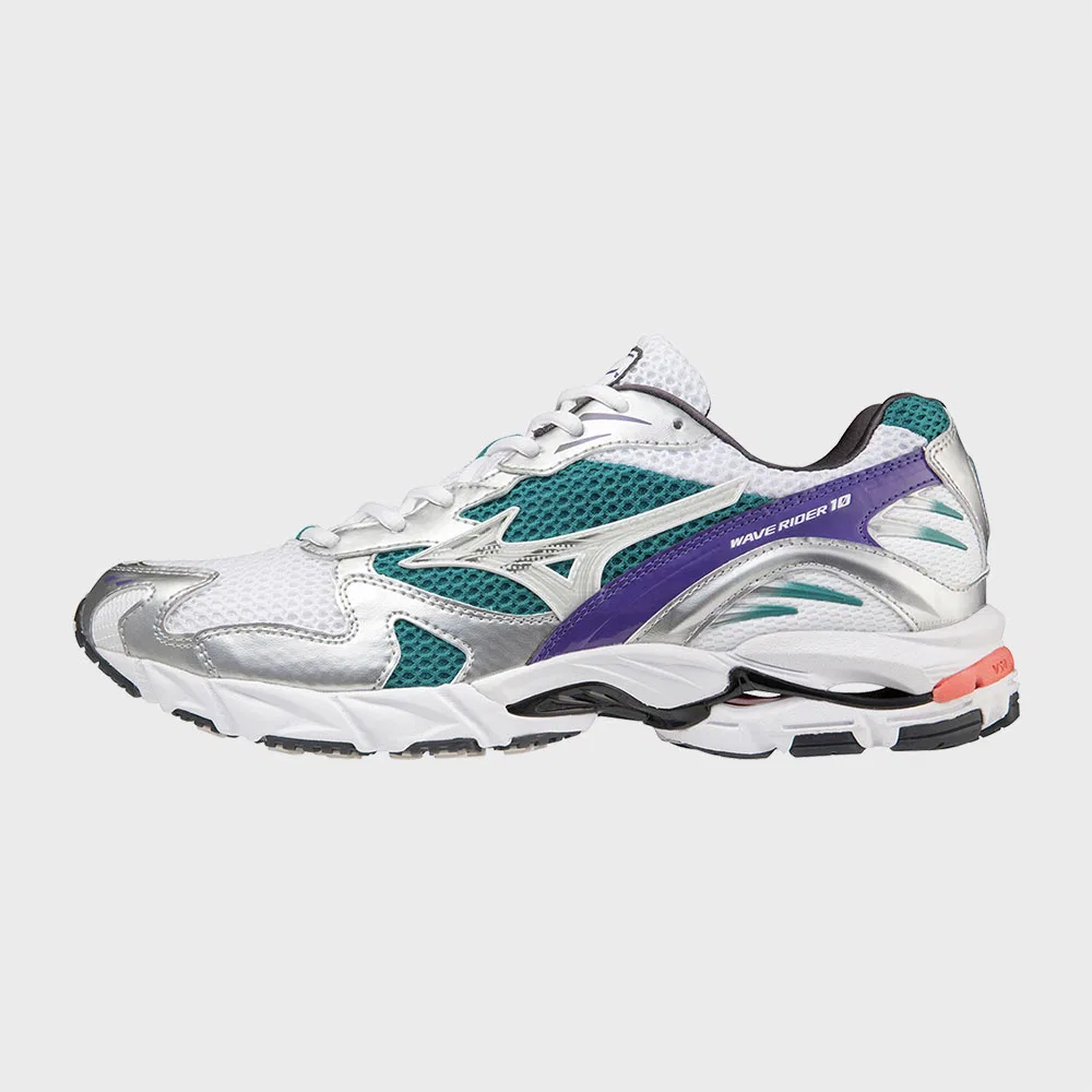 Кроссовки унисекс Wave Rider 10 белые с серебристым и бирюзовым от Mizuno