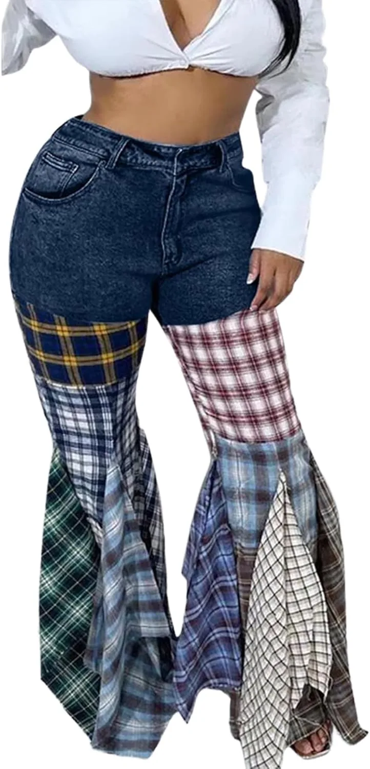 

Женские джинсы-клеш с клетчатым принтом Mid Rise