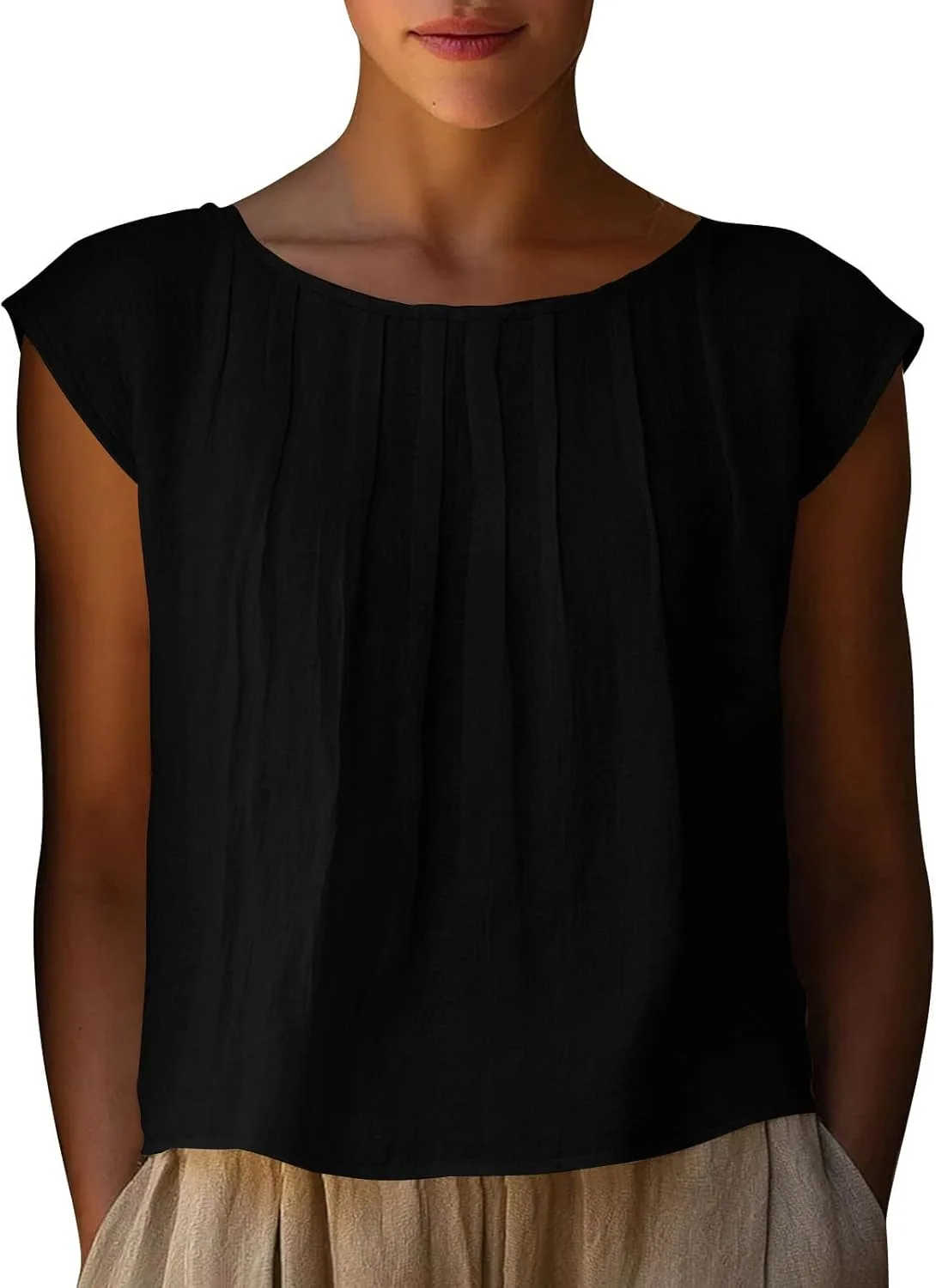 

Женская льняная майка-кроп с коротким рукавом и плиссировкой