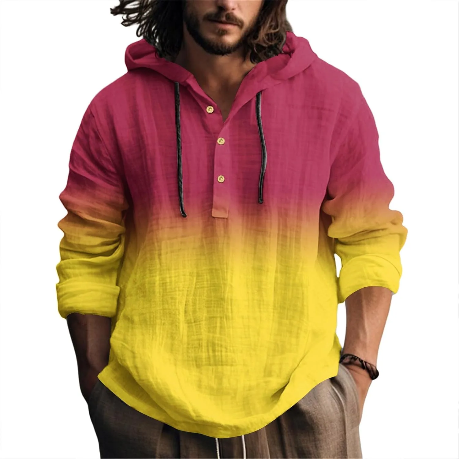 

Мужская футболка-поло Henley с капюшоном Gradient Color, длинный рукав, размеры S-2XL RTRDE