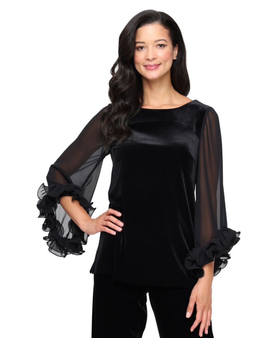 

Женская бархатная блузка с рукавами-воланами и эффектом прозрачности Alex Evenings, Black