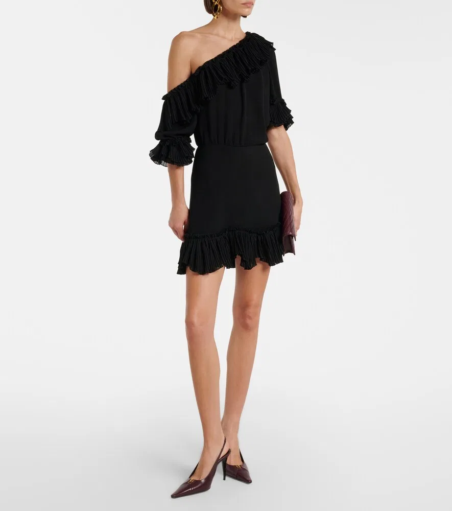 Мини-платье из шелкового крепона с оборками Saint Laurent, черный — фото 2
