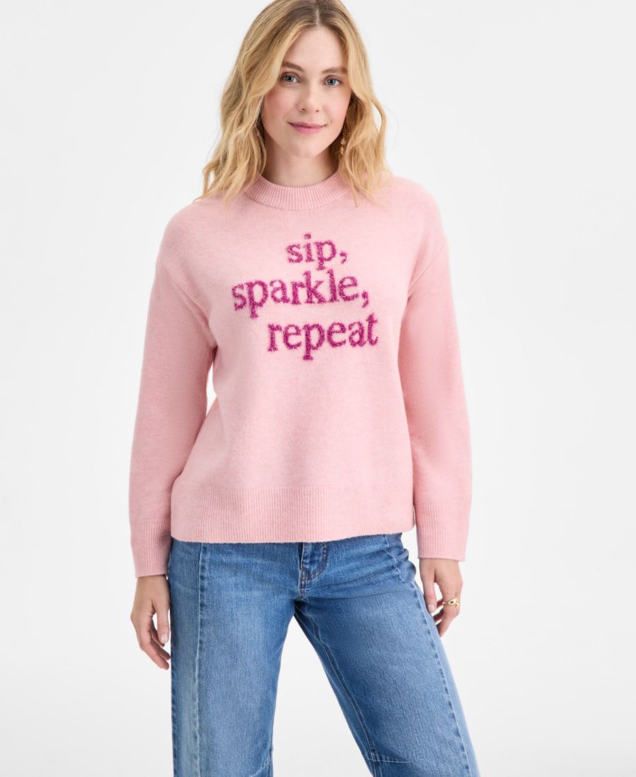 

Женский свитер Sip Sparkle Repeat с круглым вырезом, эксклюзивно представлен в Macy's On 34th, Silver Pink