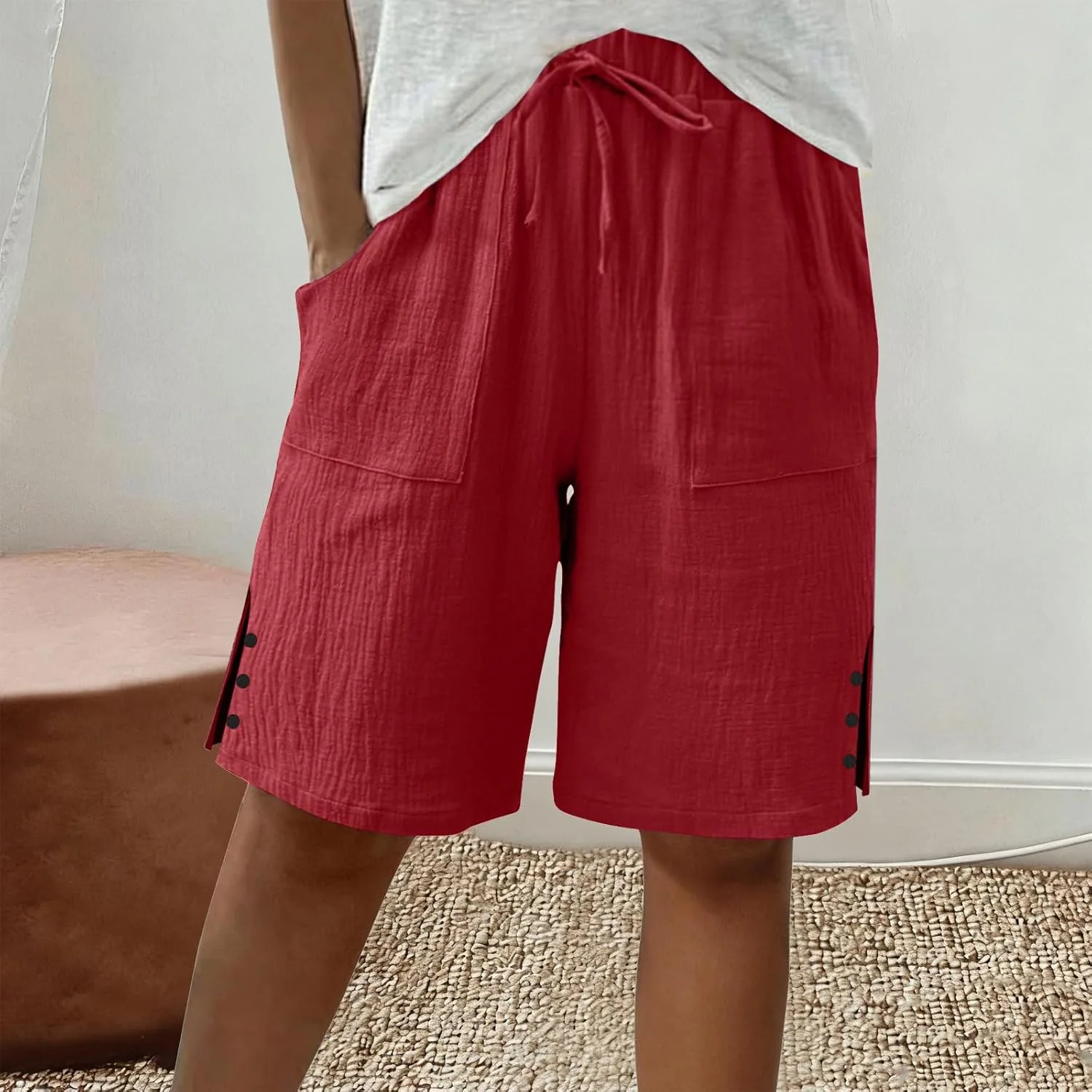 Льняные шорты для женщин, Plus Size, летние бермуды Casual, широкие, до колена, с карманами — фото 2