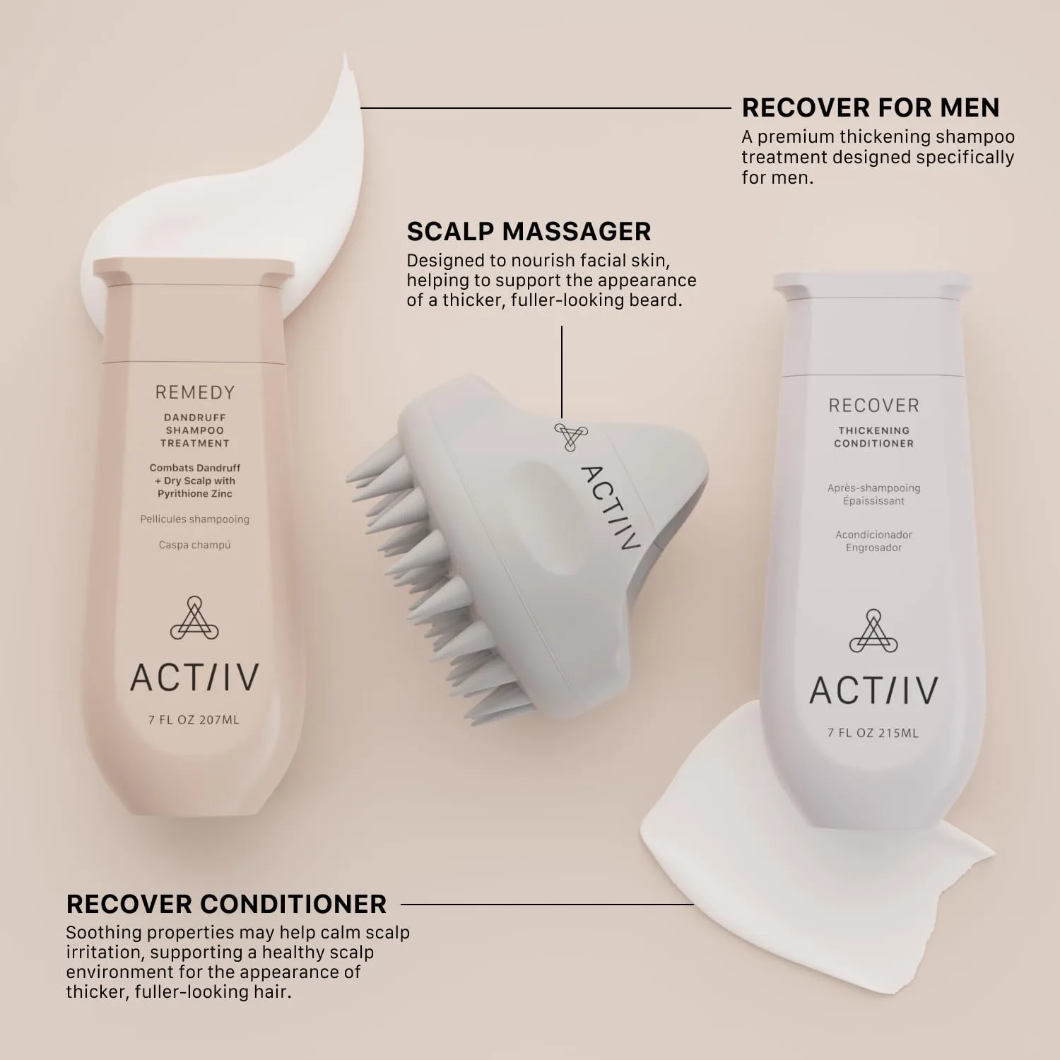 ACTIIV Ultimate Scalp Trio: успокаивает сухую зудящую кожу головы, уменьшает шелушение, укрепляет и увлажняет волосы, включает шампунь от перхоти, кондиционер и массажер для кожи головы, веган, для всех типов волос — фото 3