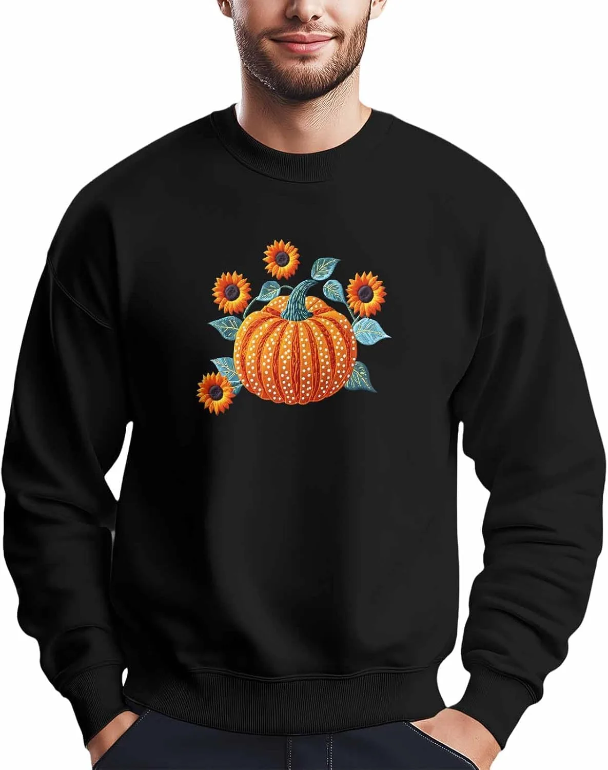 

Мужской свитшот с принтом тыквы и подсолнухов, Crewneck, Long Sleeve Winvebermior