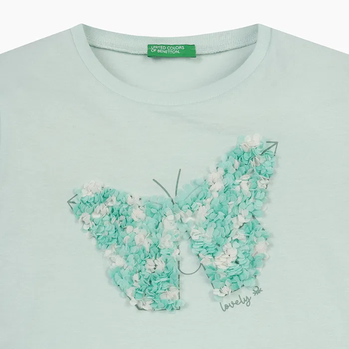 Детская футболка с вышивкой светло-голубого цвета от Benetton Kids — фото 3