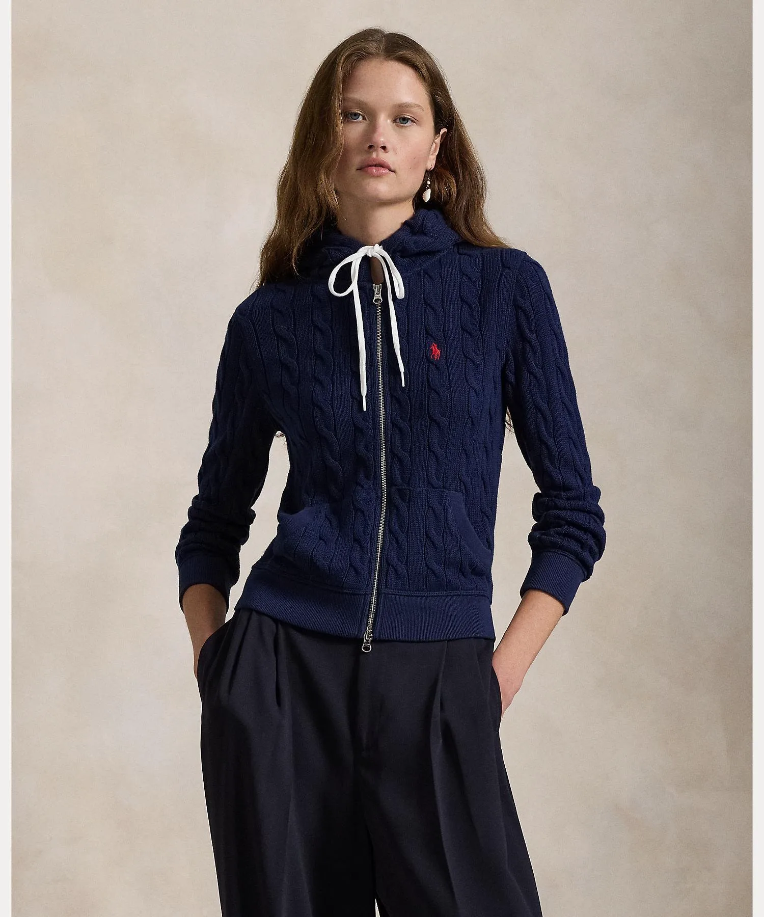 Хлопковая толстовка с капюшоном на молнии, связанная косами. Polo Ralph Lauren, 410 Navy — фото 3