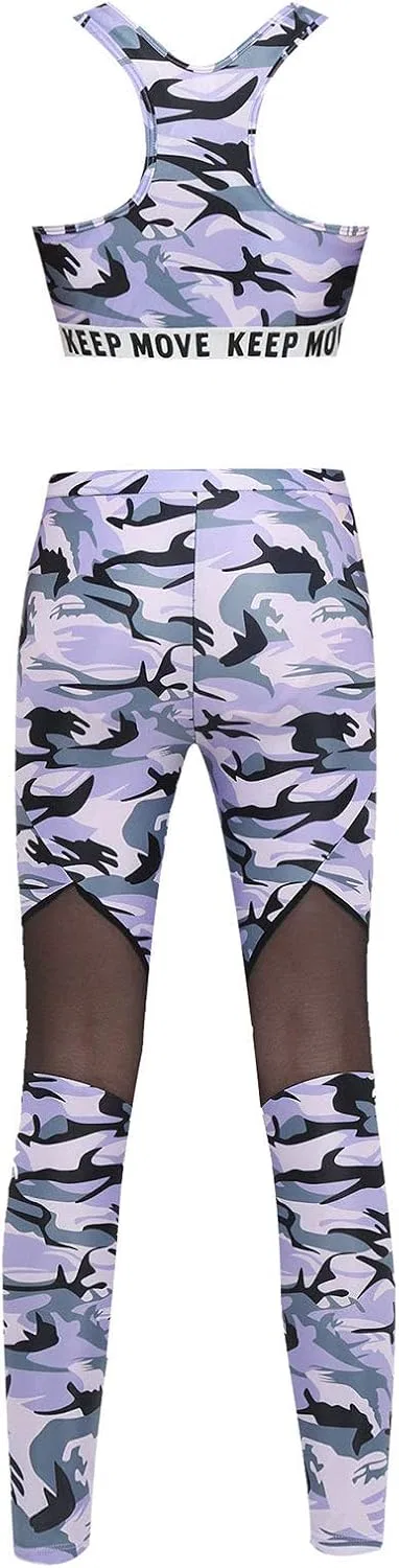 Спортивный костюм для девочек Camouflage Purple Moggemol, топ с лямками и леггинсы с сеткой — фото 2
