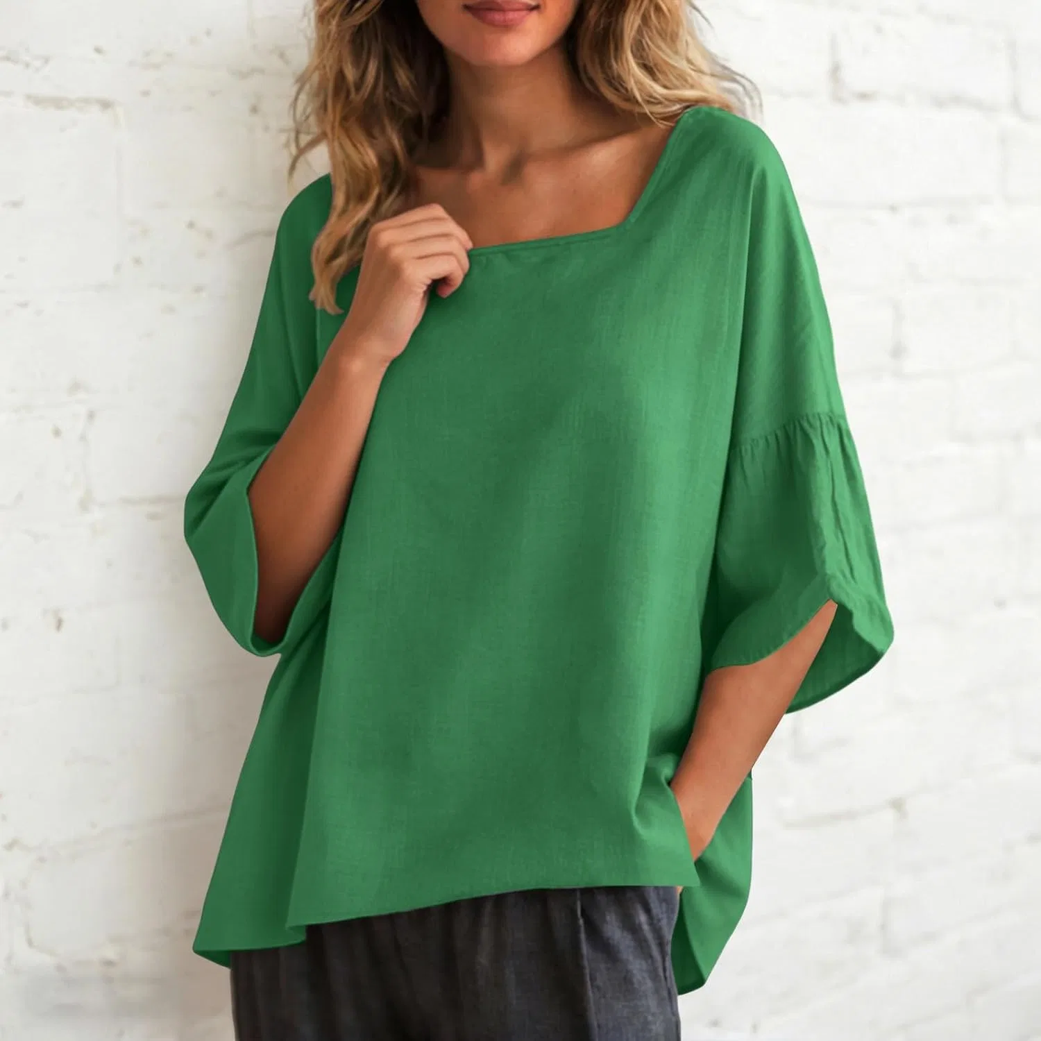 Футболка из хлопка и льна, женская, Oversize, зеленый — фото 3