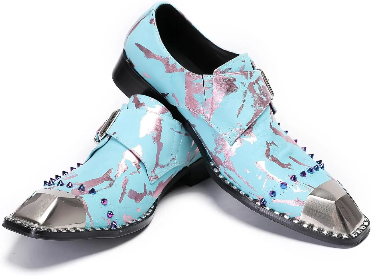 Мужские лоферы Santimon Mens Loafers для вечеринки, повседневные слипоны, кожаные лоферы с металлической квадратной пряжкой, обувь для свадьбы, вечеринки в западном стиле, модные туфли на выпускной с яркими бусинами для мужчин, синий — фото 2