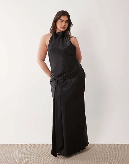 

Черное атласное платье макси с бретельками и узлом спереди Forever New Curve