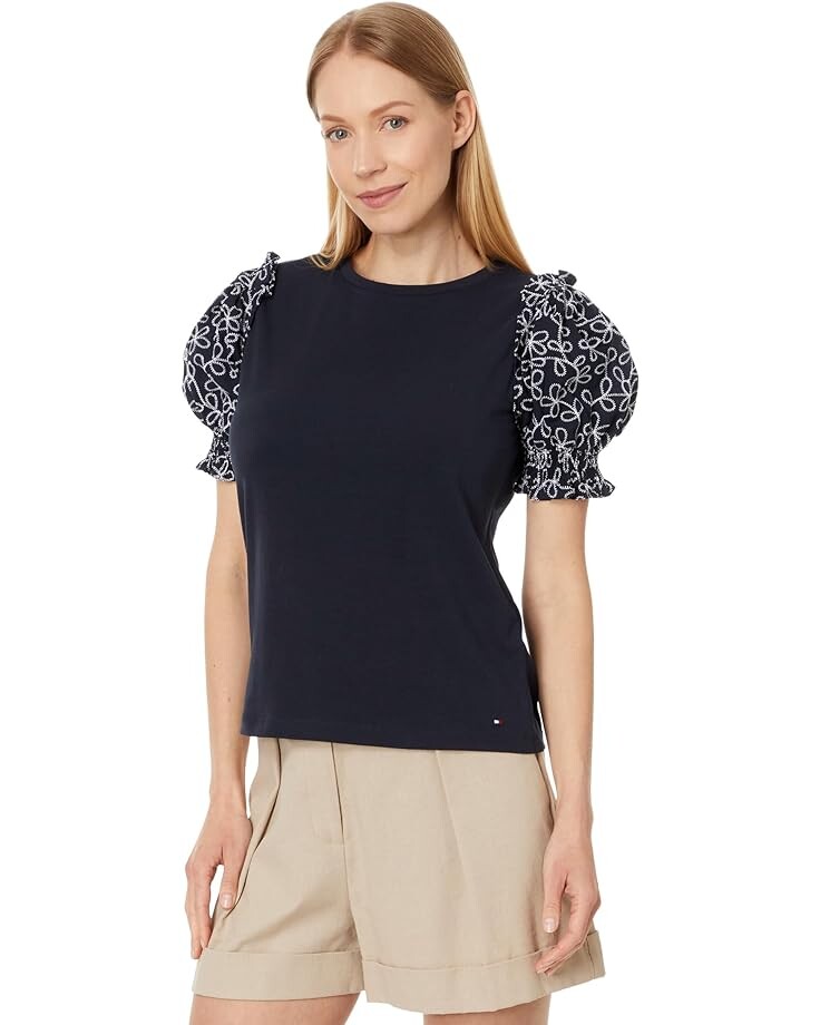 

Топ Tommy Hilfiger Short Sleeve Mixed Media, цвет Sky Captain