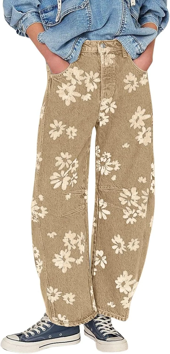 

Yoeasy женские джинсы mid rise baggy barrel с цветочным принтом