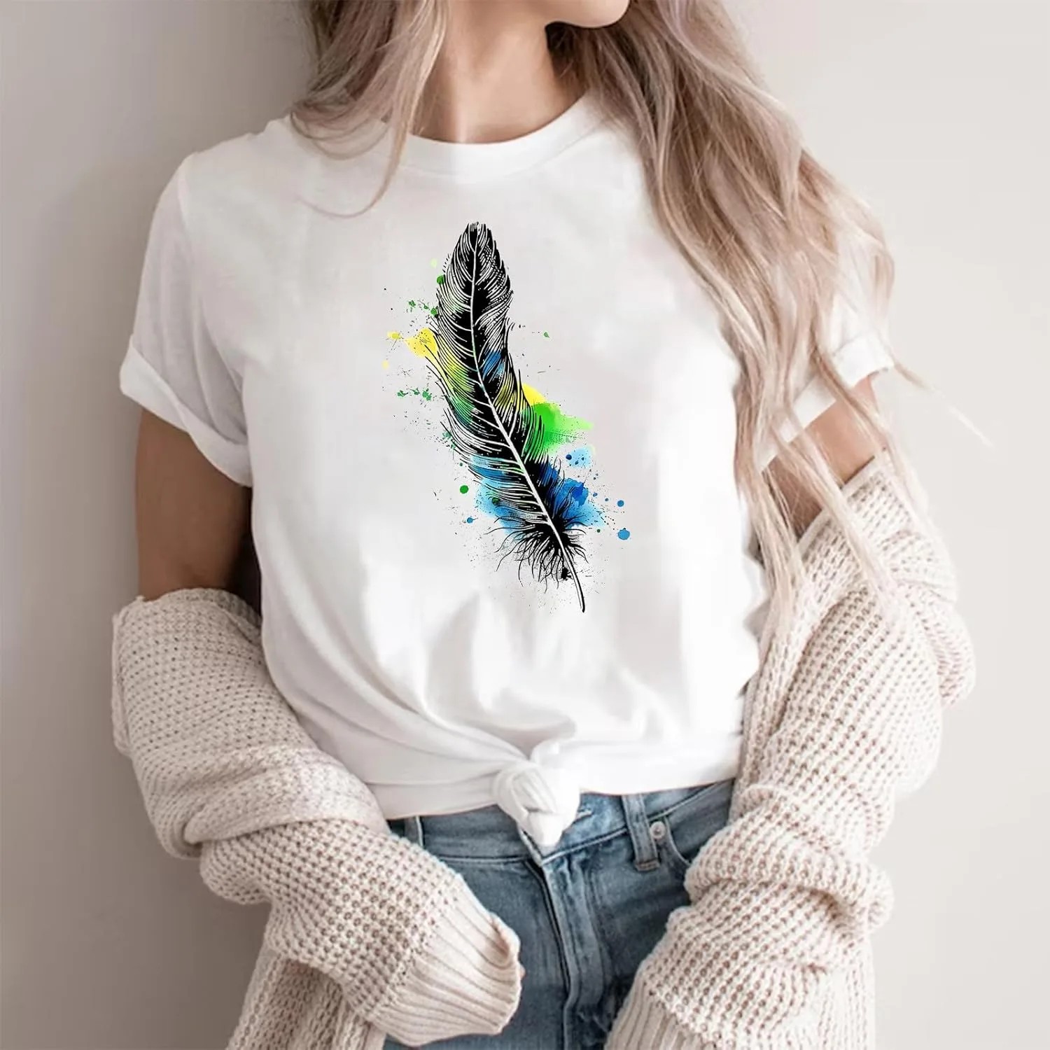 Футболка с принтом Feather для женщин, Casual, короткий рукав, свободный крой — фото 2