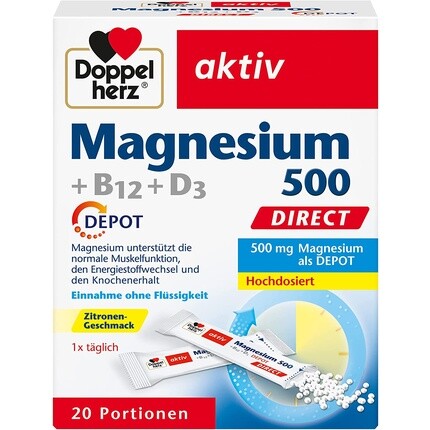 

Doppelherz Magnesium 500 + B12 + D3 DIRECT с функцией депо Микрогранулы со вкусом лимона