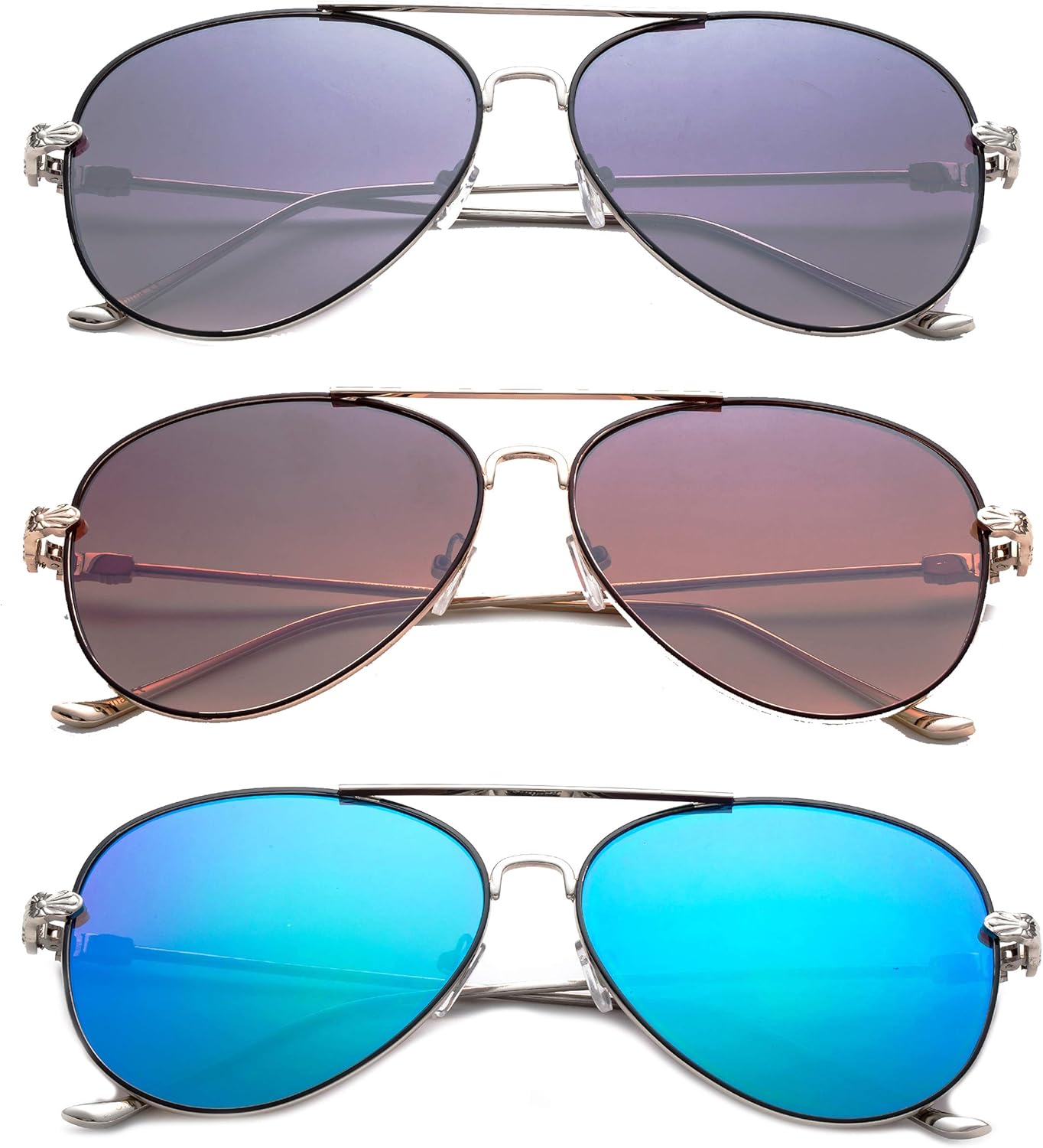 

Набор из 3 солнцезащитных очков-авиаторов Newbee Fashion в металлической оправе для мужчин и женщин, плоские линзы с защитой от УФ-излучения UV400, цельнометаллические дужки, 3 Pack Black, Brown & Green