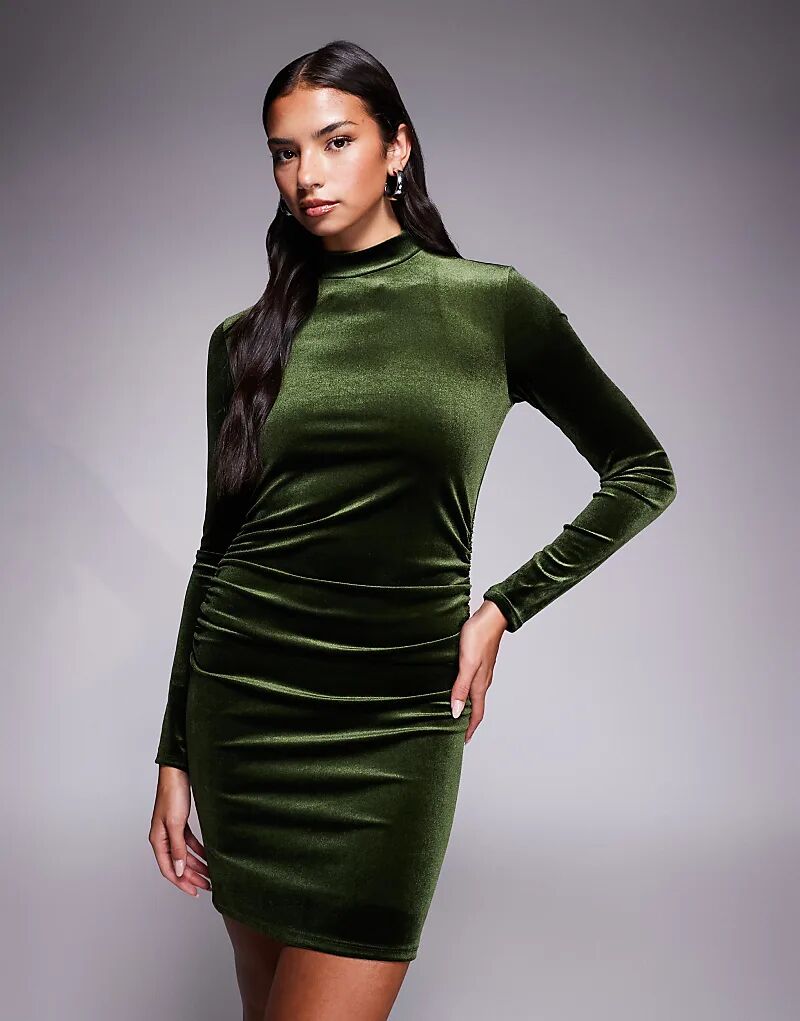 

Бархатное мини-платье ASOS DESIGN с высоким воротом и длинными рукавами оливкового цвета