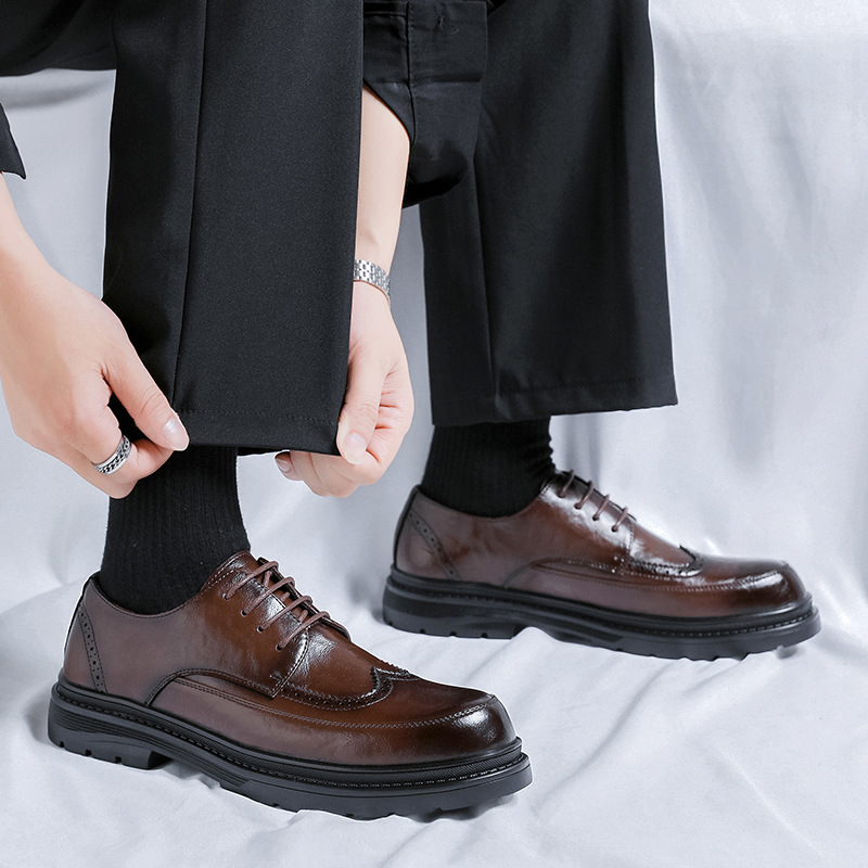 WEISHIBANGWEI Мужские повседневные кожаные туфли Casual Leather Shoes - коричневые, увеличивающие рост, цвет Brown Height Increasing — фото 3