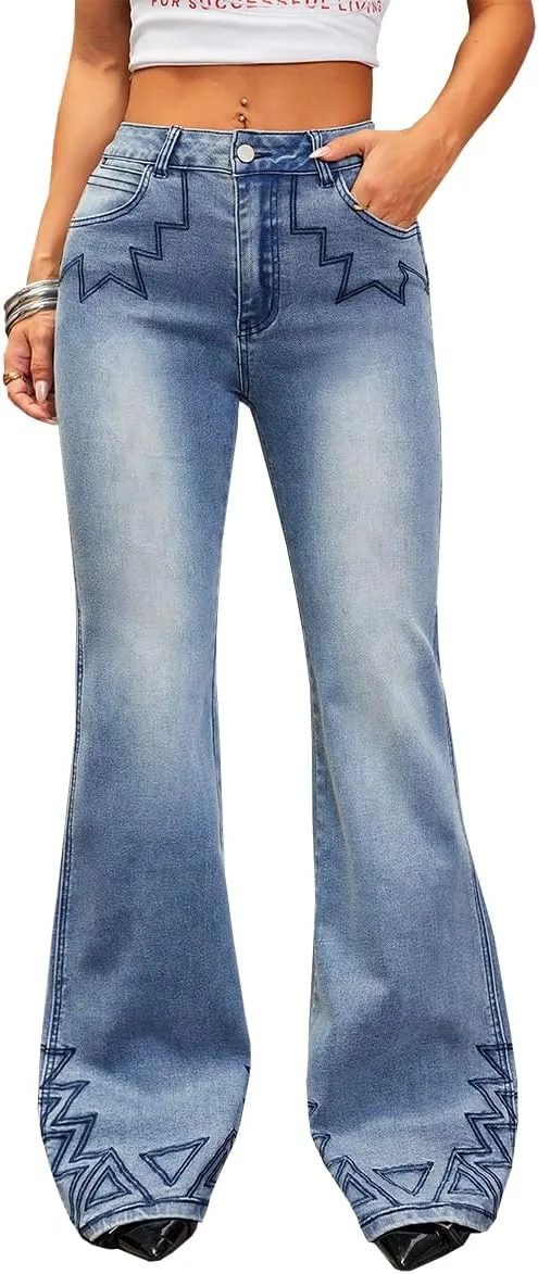 

Женские джинсы с высокой талией и расклешенным силуэтом, винтажная вышивка TACSTRUN