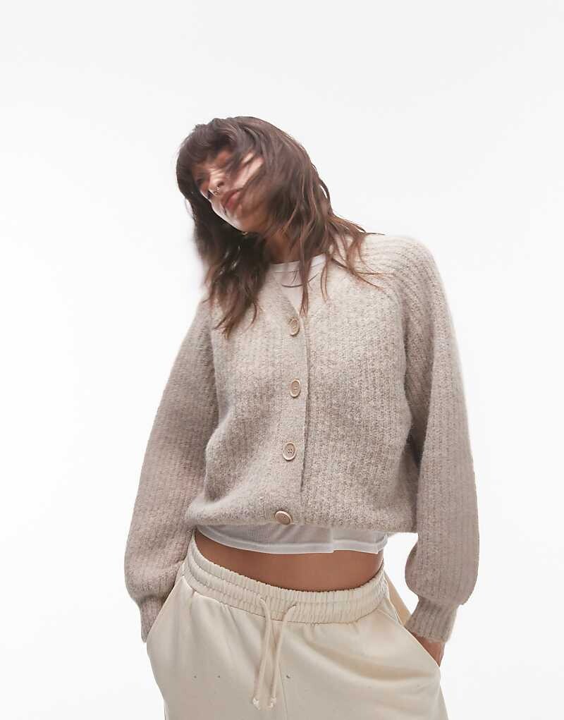 

Topshop – Пышный кардиган овсяно-бежевого цвета с коротким V-образным вырезом